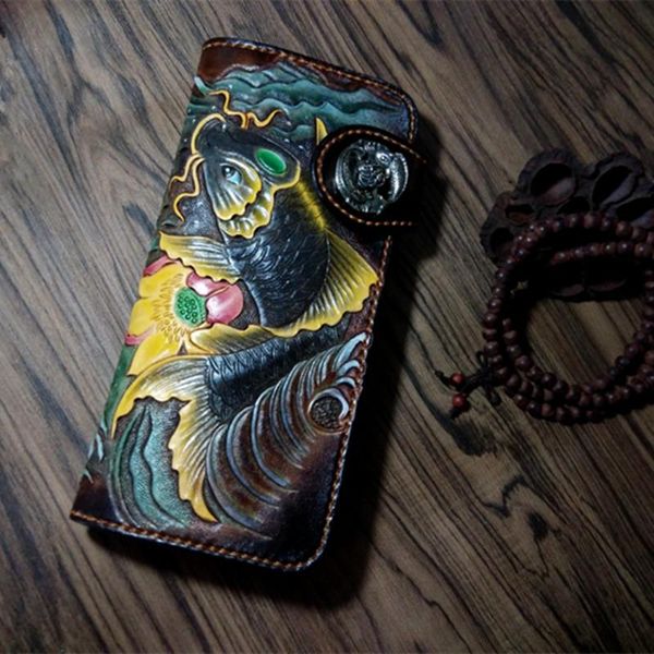 

wallets real pos handmade men genuine leather carving carp lotus bag purses women clutch vegetable tanned wallet, Red;black