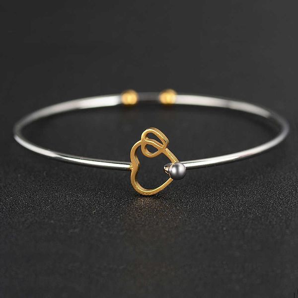 

100% stainless steel 2mm thick gold color double hearts bangle bracelet cuff bracelet can open diy women jewelry gift 60mm q0719, Black