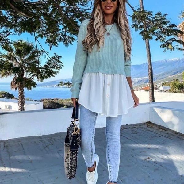 

women's sweaters casual patchwork shirt pleated pullover women o neck long sleeve jumpers fake 2pc lady office autumn winter knitted s, White;black