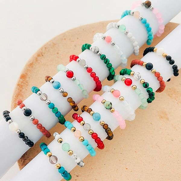 

wedding rings boho natural stone for women 3mm cute crystal malachite tigereye beaded elastic ring minimalist jewelry girls, Slivery;golden