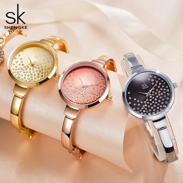 

wristwatches shengke creative women watches 3 color luxury rose gold quartz ladies mesh band, Slivery;brown