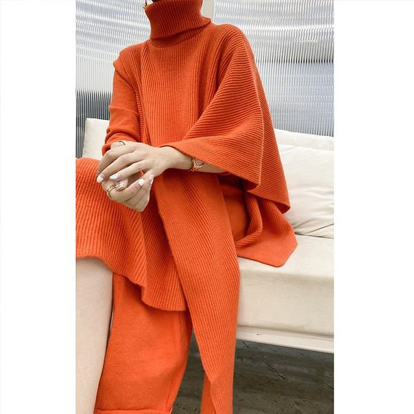 

women's sweaters autumn winter fashionable clothing 2-piece woman knitted suit shawl irregular dress high collar cloak purple sweater, White;black