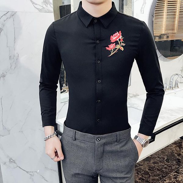 

men's casual shirts rose embroidery for men asian size s-5xl long sleeved slim fit business camisas de hombre wedding party wear blouse, White;black