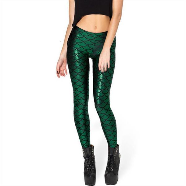 

fish scale print mermaid womens leggings push up stretch shiny pants casual trousers, Black