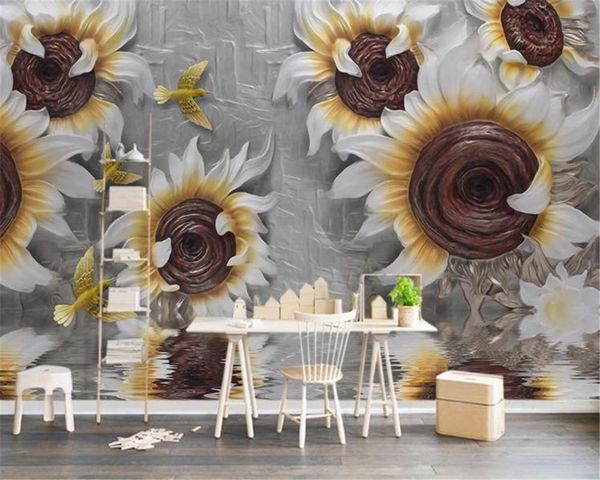 

wallpapers modern home decoration wallpaper embossed three-dimensional sunflower flower rich hd digital printing moisture-proof wall paper