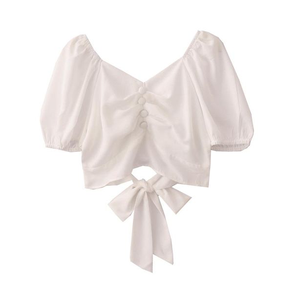 

women's blouses & shirts summer fashion blouse women sweet elegant slim v neck bandage crop female 2021 vintage casual short sleeve bl, White