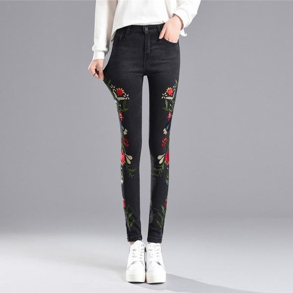 

women's jeans wkoud embroidery pants for women stretch skinny korean female spring flower denim trousers p8718, Blue