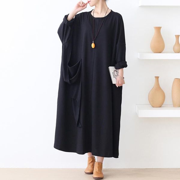 

casual dresses johnature women bat sleeve o-neck solid color 2021 autumn pockets female clothes plus size, Black;gray