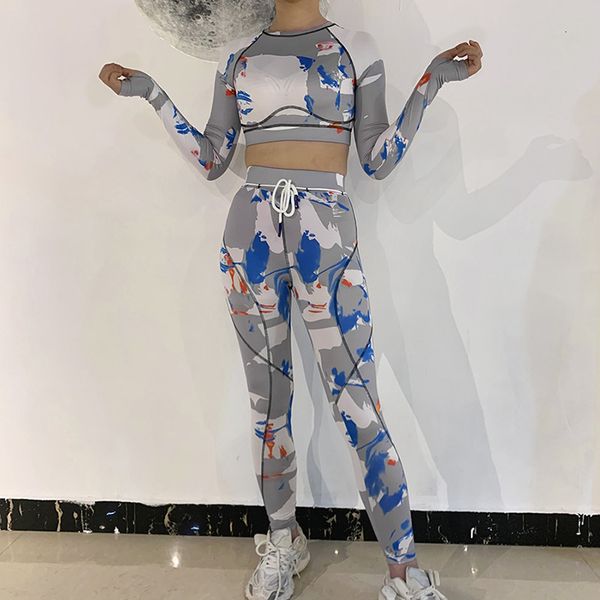 

women's tracksuits camouflage o neck long sleeve crop and tight pants 2 pieces set club party lady fashion high street tracksuits t0a4, Gray