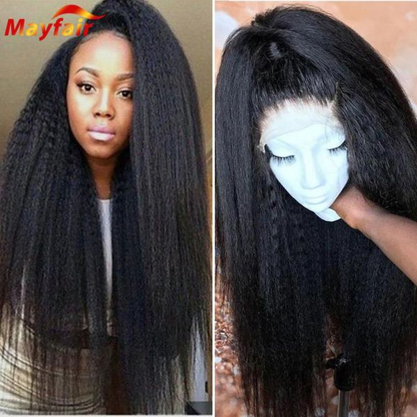 

inch kinky straight 13x4 lace front wig lacefront frontal human hair 4x4 closure yaki wigs pre plucked for black women, Black;brown