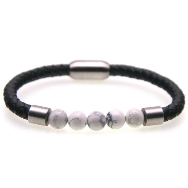 

charm bracelets stainless steel bracelet + genuine leather 8mm natural stone beads men women gentleman femme magnet handmade, Golden;silver