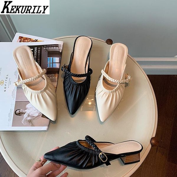 

chunky heels mules women pleated leather slippers pointed toe slide slip on shoes shallow sandals black apricot zapatos de mujer