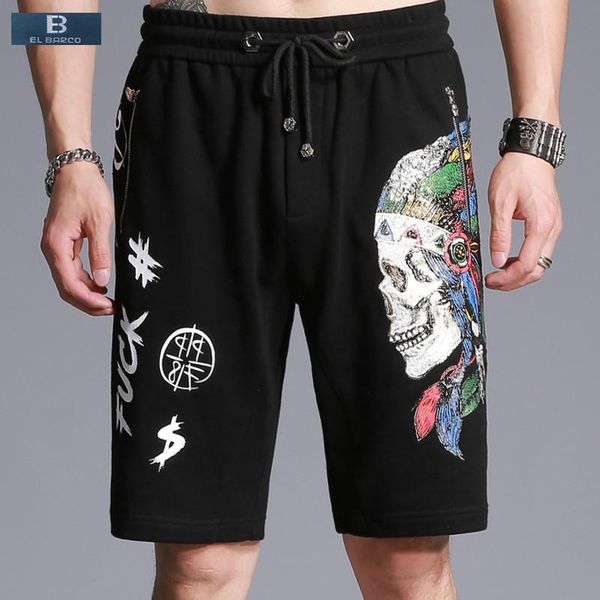 

men's shorts [el barco] cotton knee-length skull print men summer casual bermuda zipper pocket male straight black short trousers, White;black