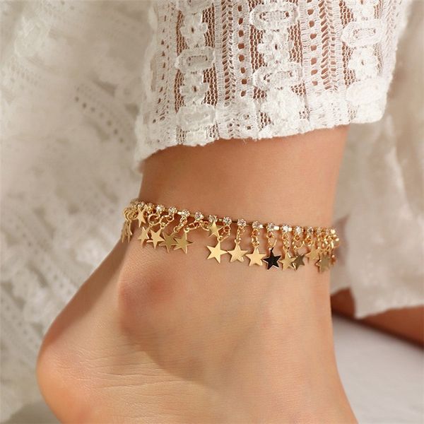 

simple personality five-pointed star pendant anklet female shiny diamond foot ornament, Red;blue