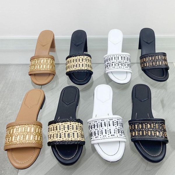 

sandals fashion luxury designer womens mid heel slide slipper raffia band summer flat low size 35-42, Black