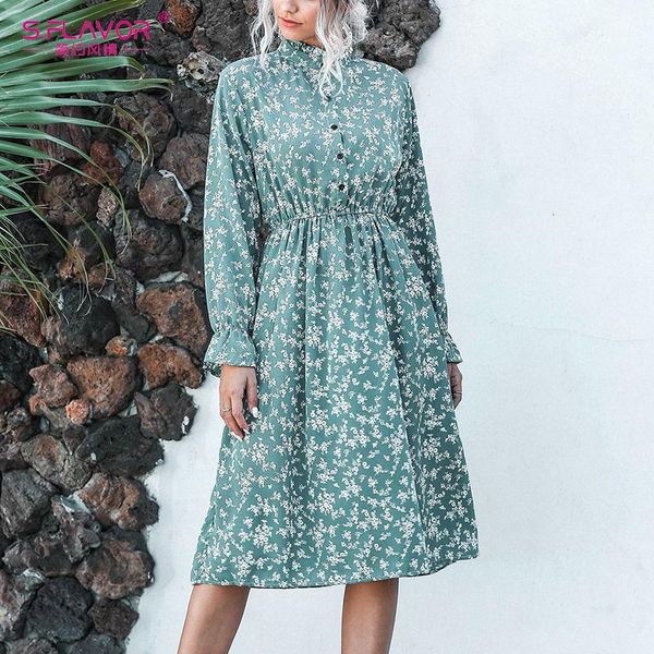 

casual dresses s.flavor floral print a line dress winter stand collar flare sleeve mid for women single button elegant chiffon, Black;gray