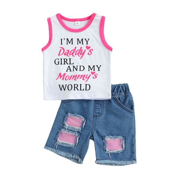 1-5Y Sommer Casual Kinder Kind Mädchen Kleidung Set Brief Weste Tops Denim Shorts Jeans Outfits Kostüme 210515