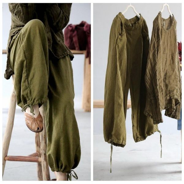 

women's pants & capris women loose elastic waist ramie ladies solid color vintage wide leg trousers female 2021 spring summer, Black;white