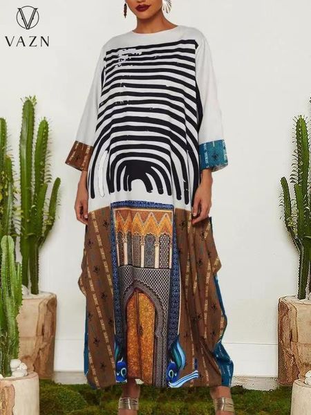 

casual dresses vazn 2021 women high street style long sleeve round neck printed ankle-length, Black;gray