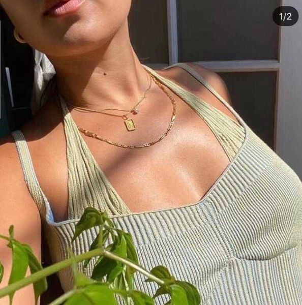 

summer slim knit camisole hollow halter neck fake two-piece sling 210616, White