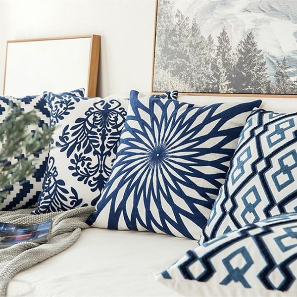 

wholesale home decor embroidered cushion cover navy cotton canvas embroidery pillow decorative case sham cushion/decorative