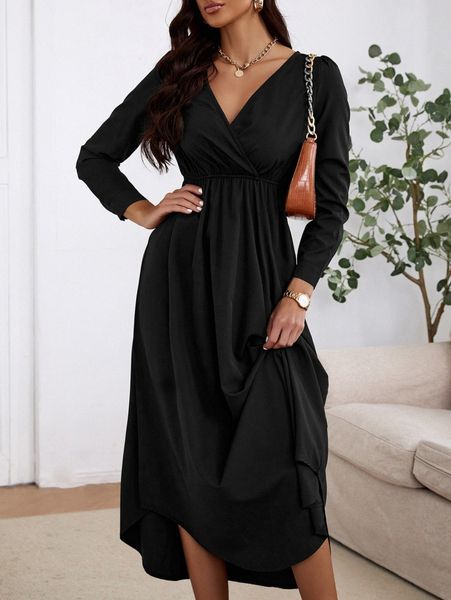 

overlap collar curved hem dress g2he#, Black;gray