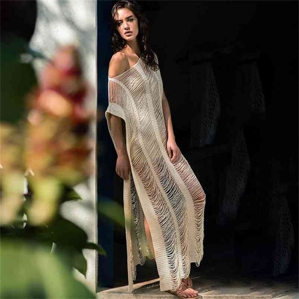 

hollow knitted beach cover up long plus size dress women bikini summer holiday skirt lady swimsuit 210521, White;black