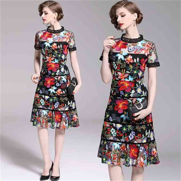

casual dresses elegant ruffles short sleeve mesh floral embroidery long party summer women self portrait 12qs, Black;gray