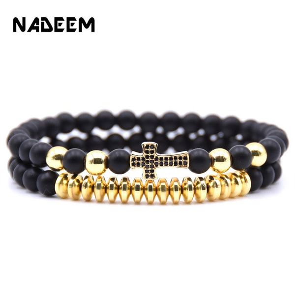 

charm bracelets 2pcs/set natural black matte stone bead bracelet sets zirconia cross braclet set men women jewelry accessories, Golden;silver