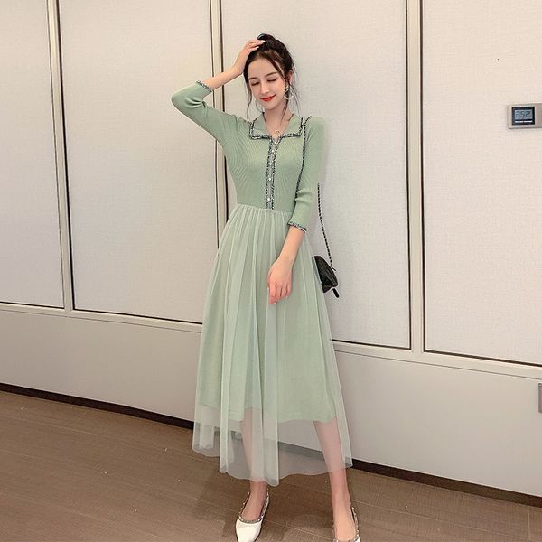 

women long 2021 autumn women's fashion dresses slim mesh stitching knitting maxi dress plus size, Black;gray