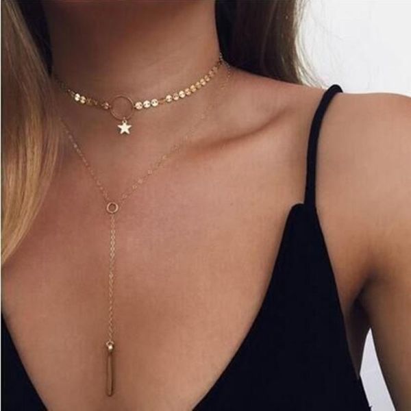 

pendant necklaces fashion multilayer chain long & pendants metal sequins simple maxi necklace colar for women collier ywhs1001, Silver
