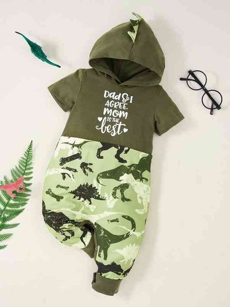 

baby dinosaur & slogan graphic 3d patched hooded jumpsuit she, Blue