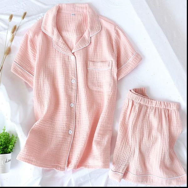 

pajamas summer 100% cotton crepe womens sleepwears short sleeved shorts pyjamas thin solid plus size sleepwear loungewear hoem clothes, Black;red