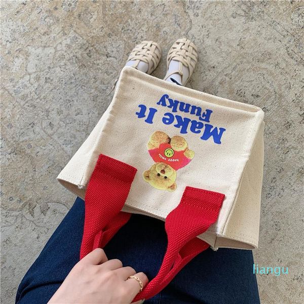

evening bags korean version of cute bear print mini canvas lunch box handbag art picnic bag fashion