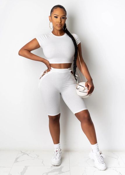 

ribbed knitting white casual two piece outfits for women sweat suits short sleeve o-neck t-shirts bandage shorts set women's tracksuits, Gray
