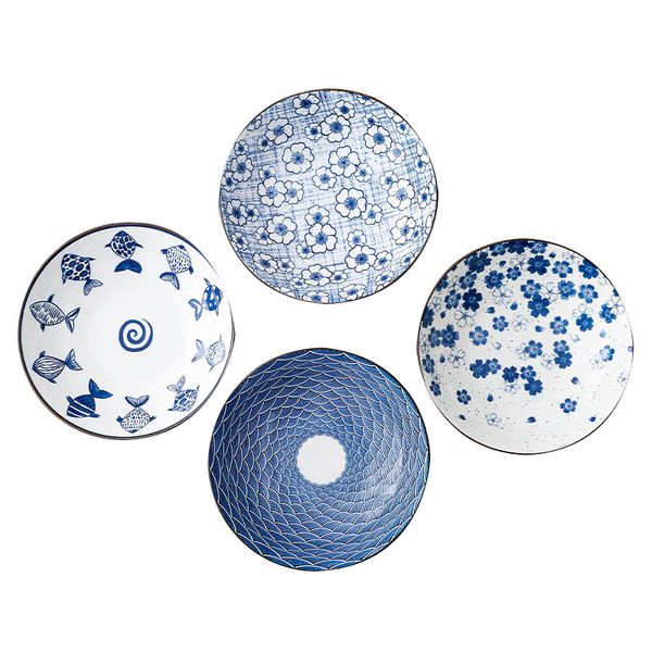 Placas de jantar japonesas de 8 polegadas de porcelana branca e azul de porcelana pratos de drenagem para restaurante em casa Projeto de onda de peixe floral