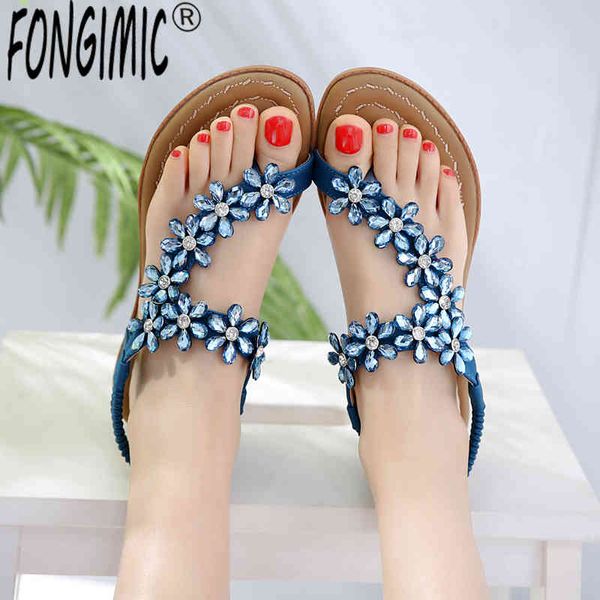 

women sandals summer bohemia beach cross border bohemian flower water drill comfortable large size flat sho, Black