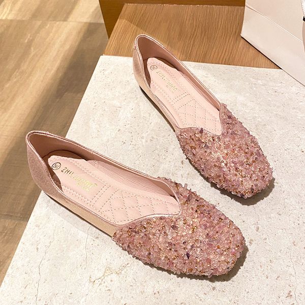 

women's summer flat bottomed pea shoes beaded flower decorated princess shoes sparkling slip on casual shoes 34-43 sweet, Black