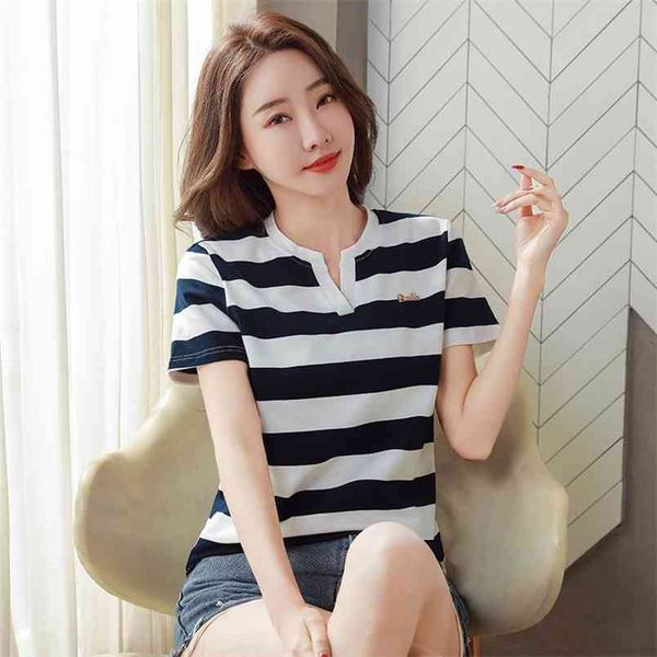 

wwenn cotton summer striped t shirt women clothes short sleeve v-neck tshirts woman t-shirts plus size 4xl 210507, White