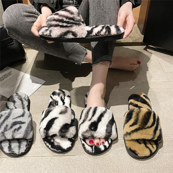 

slippers cootelili 2021 fashion winter shoes for woman home faux fur 1.5cm heel zebra stripes size 36-41, Black