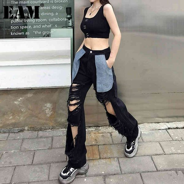 

[eam] high waist elastic burrs hole pocket casual wide leg jeans loose women trousers fashion spring autumn 1dd8122 21512, Blue