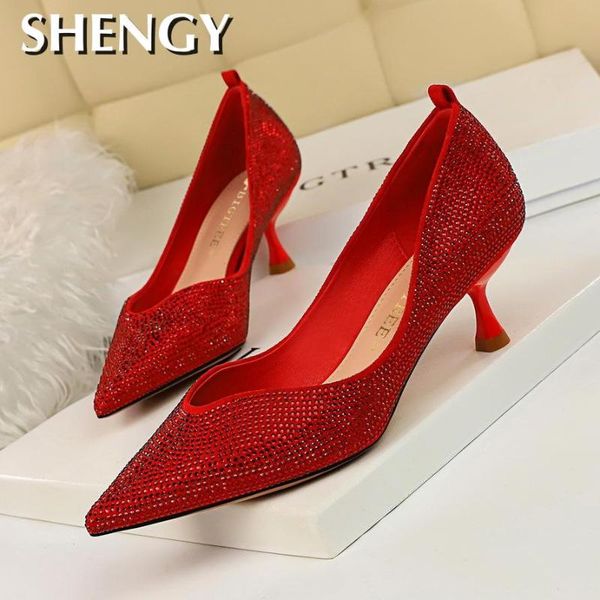 

office crystal thin high heels women shallow fashion 5cm pumps party wedding shoes dress, Black