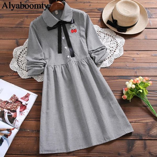 

casual dresses japanese preppy style autumn spring women dress turn-down colalr plaid appliques cute kawaii ribbon student, Black;gray
