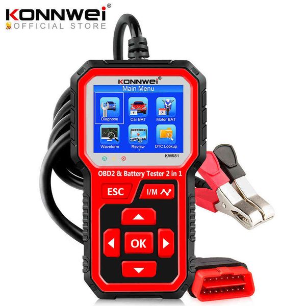 KONNWEI Diagnostik Araçları KW681 6 V 12 V Araba Motosiklet Pil Test Cihazı Otomatik Teşhis Aracı 2 In1 2000 CCA Araba OBD2 Tarayıcı Tam OBD 2 Fonksiyonu