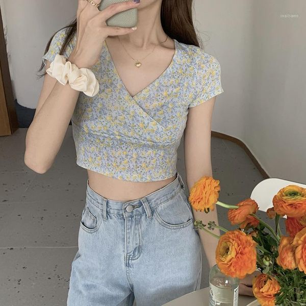 

women's t-shirt casual v neck short-sleeved flower print crop 2021 summer street shirt for women, White