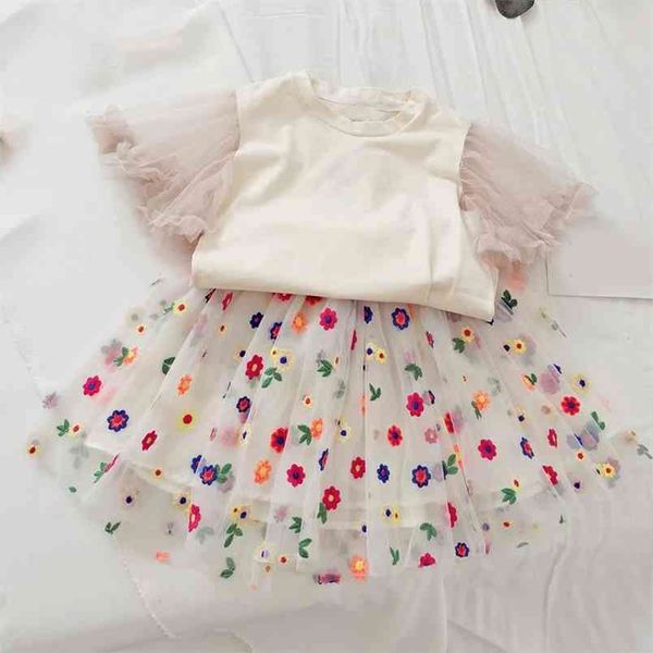 

children clothes girl summer flying sleeve embroidered net gauze skirt 2pcs for girls kids 210528, White
