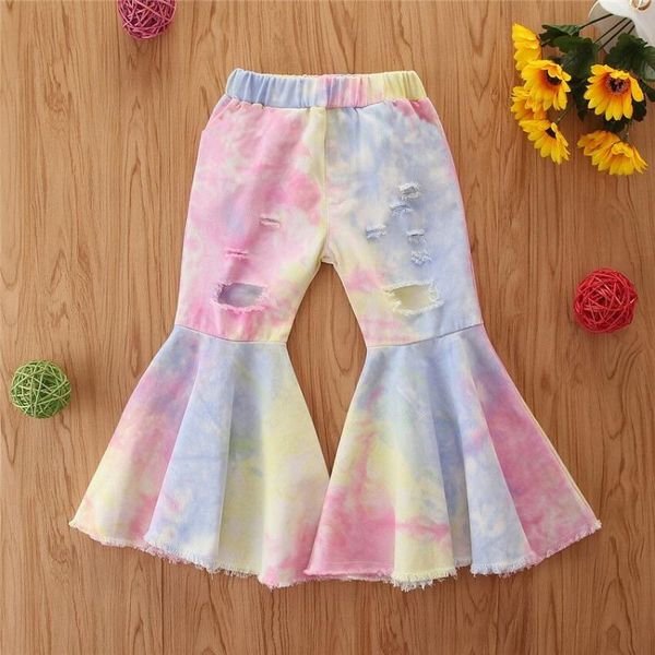 

trousers fashion kids baby girls flare pants tie-dye printed denim elastic high waist hole, Blue