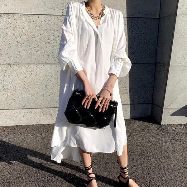 

casual dresses autumn 2021 fashion temperament dress women japanese style solid color loose simplicity v-neck lantern sleeve, Black;gray