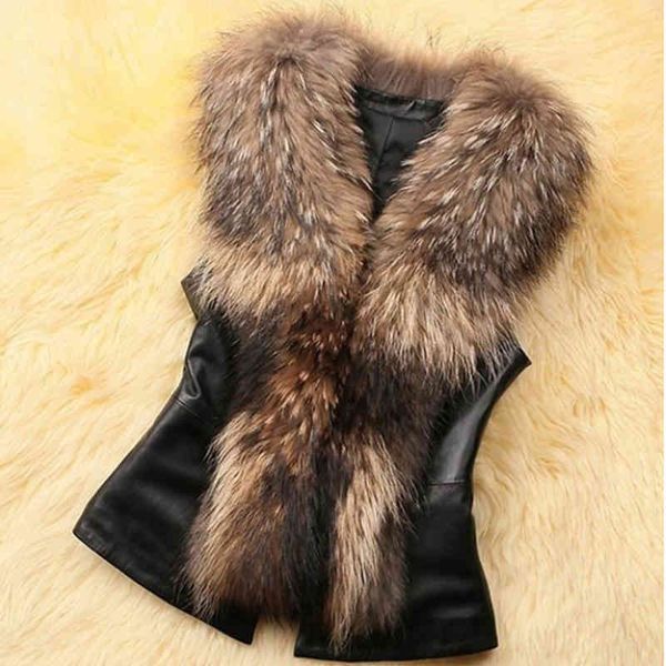 

women's vests leather faux fur coat casual plus size sleeveless collar vest winter jacket nqlc, Black;white