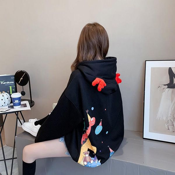 

women's hoodies & sweatshirts spring and autumn hooded thin long sleeve korean loose cartoon antler winter plush thickened coat, Black